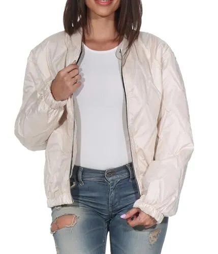 simaranda Damen Kurzer Blouson Bomberjacke Leichte Übergangsjacke Reißverschluss Kurzjacke Crop Jacke mit Taschen 5559 (DE/NL/SE/PL, Numerisch, 38, 42, Regular, Regular, Beige)