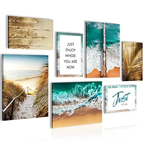 Novart Wandbilder Strand und Meer - KOMPLETT AUFHÄNGFERTIG - Zitate Wohnzimmer Schlafzimmer - 7 Moderne Mood-Bilder - N019871a