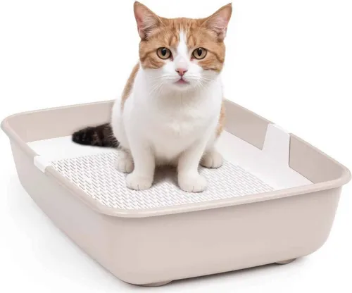 Schalentoilette Katzentoilette mit Reinigungssieb - Groß Beige - Katzentoilette mit großem Schalenaufsatz und praktischem Reinigungssieb für einfache Pflege. Ideal für Katzen und unauffällige Integration in Ihr Zuhause.