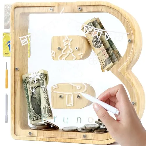 LEcylankEr Spardose Kinder, Spardose Holz Buchstabe, Spardose Personalisiert, Kreative Sparschwein für Geburtstag Geschenk/Heimdekoration/Keepsake (B)