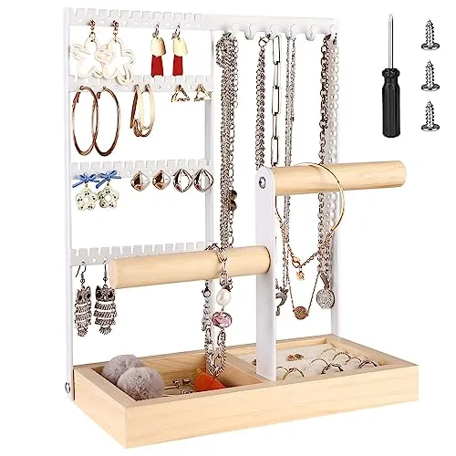 Mkitnvy Schmuckständer,schmuckhalter, Jewelry Organizer, Kettenhalter aus Holz und Metall, 4-Tier Schmuckhalter Ausstellungsstück Ringe,Ohrringe, Armbänder, Uhren und Accessoires