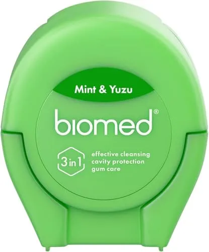 Biomed Zahnseide 50m | Vegane Pflanzenwachsbeschichtung 100% recycelt, hergestellt in Italien | Minze- und Yuzu-Geschmack