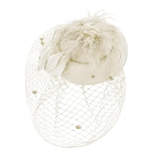 TINAYAUE Damen Hut Bibi Hochzeit Elegant Schleier Braut Kopfschmuck Vintage Mesh Mini Schleier Hochzeit Barett mit Feder Haarspange verziert Zubehör für Kostüm Abend Party, helles beige, Einheitsgröße