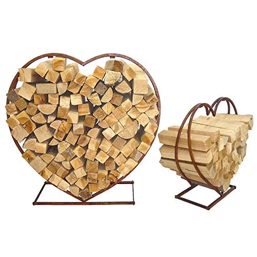 XXL 2'er Set Brennholzablage Kaminholzablage Standregal Kaminholzregal Herz aus Stahl in Rost-Optik 53 x 20 x 51,5 cm und 77 x 26 x 74 cm