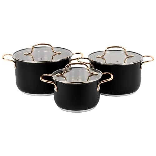 Topfset 6-Teilig Edelstahl mit Deckel - Schwarz - Hochwertiges Edelstahl-Topfset mit 3 Töpfen und Glasdeckeln. Praktische Messskalen und Dampfauslässe für einfaches Kochen. Ideal für alle Herdarten.