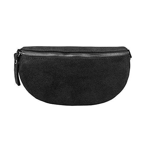 Made in Italy OBC Damen Leder Tasche Gürteltasche Crossbody Hüfttasche Bauchtasche Hüfttasche Umhängetasche Cross-Over Bodybag Schultertasche Handytasche Geldtasche (Schwarz (Wildleder))