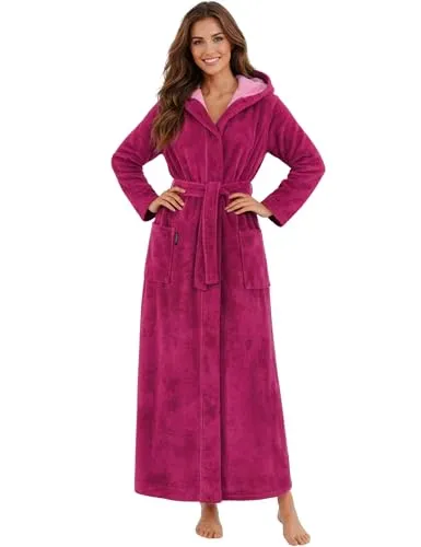 Morgenstern Bademantel Damen Extra Lang Kapuze Frottee Velours Luxus Morgenmantel Fuchsia M