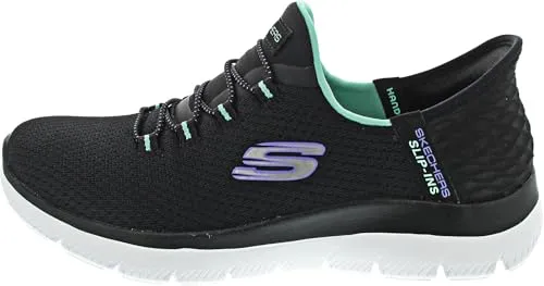 Skechers Summits Damen Sneaker - Black Mesh mit Türkis und Lila Akzenten, Größe 39 - Sneaker im Hands Free Slip-ins Design für müheloses Anziehen; atmungsaktives Mesh-Obermaterial und Heel Pillow Konstruktion für optimalen Halt und Komfort.