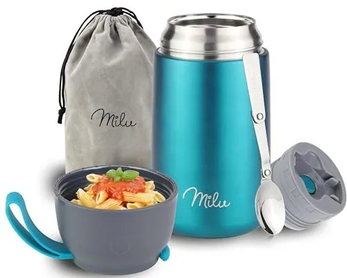 Milu® Thermobehälter für Essen 800ml, Edelstahl Warmhaltebehälter mit Löffel, Thermobecher Essen, Thermo Lunchbox für Kinder, Erwachsene, Thermobox Suppen, Babybrei, Speisebehälter Grün, 800ml