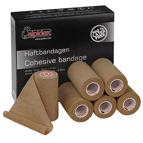 ALPIDEX 6 Rollen Haftbandage 10 cm x 4.5 m Verband Selbstklebend Elastisch Pet Bandagen Fixierband Sport Vet Wrap Tape Selbsthaftend Verbandsmaterial Pferde Hunde Menschen, Farbe:beige