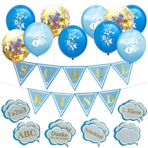 Oblique Unique Schuleinführung Schulanfang Einschulung Deko Set für Jungs - Luftballon Set mit ABC 123 Zuckertüte + 1 Schulkind Girlande + Konfetti