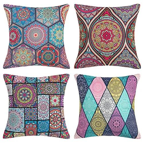 DakTou 4er Set Kissenbezug 40x40cm Mandala Muster Kissenbezüge Hippie Böhmischen Dekor Kissenhülle Baumwolle Leinen Quadratischer Zierkissenbezug für Sofa Schlafzimmer Wohnzimmer Home Garten Patio