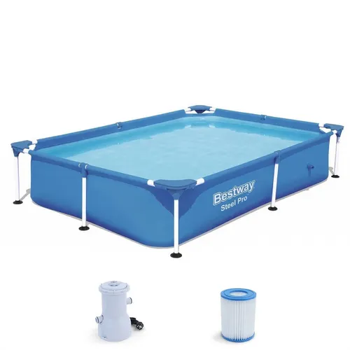 BESTWAY Steel Pro Frame Rechteck Swimmingpool 221x150x43cm mit Filter & Pumpe - Robuster Rechteck-Pool für den Sommer, inklusive Filter und Pumpe. Ideal für die ganze Familie, einfach aufzubauen und perfekt für entspannte Tage im Garten.
