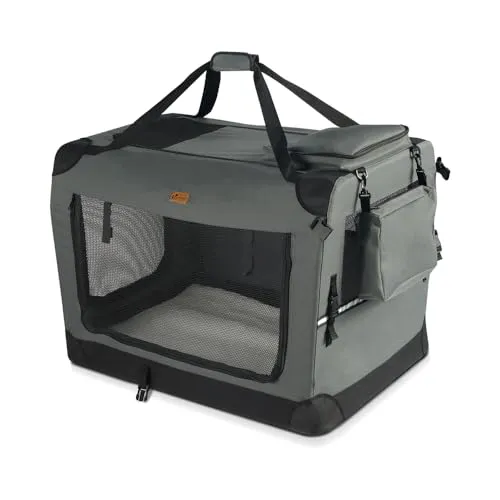 VOUNOT Hundebox faltbar, Transportbox Katze Hunde, Hundetasche, Oxford-Gewebe, Netzstoff, Atmungsaktiv, Transportabel, Metallrahmen, mit Griffen, Taschen, 60x44x44cm M, Grau