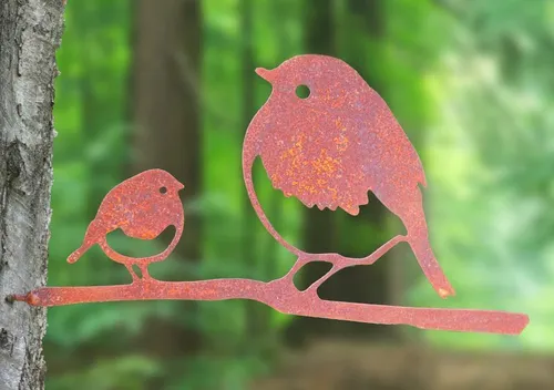 Edelrost Baumstecker Vogel mit Jungvogel auf AST mit Schraube für Holz