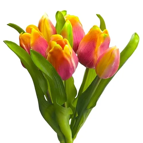 Floratexx Künstlicher Tulpen-Bund 32cm Soft-Touch Kunstblume, Kunstpflanze, künstliche Tulpe Lila-Gelb