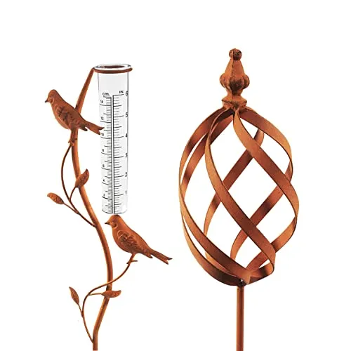 Kobolo Gartenstecker Dekostecker 2er Set RUSTY mit Niederschlagsmesser - Dekostecker aus Metall in Rostoptik, ideal zur Verschönerung von Garten, Balkon oder Terrasse. Mit integriertem Niederschlagsmesser für praktische Nutzung und stilvolle Gestaltung.