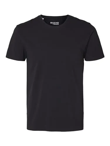 Herren Selected Basic T-Shirt | Einfarbiges Rundhals Kurzarm Shirt SLHNEWPIMA | Jersey Stretch Baumwolle, Farben:Schwarz, Größe:M