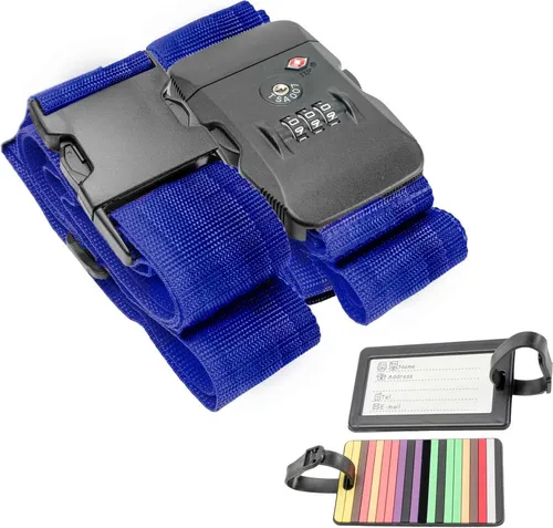 Intirilife Koffergut Gepäckgurt mit Zahlenschloss und Namensschild in Blau