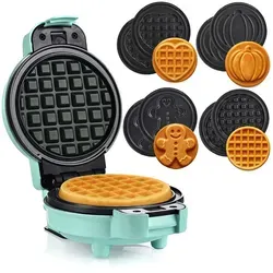 LEHMANN Mini-Waffeleisen Gofrino - 4 Formen in Grün - Waffeleisen mit 4 austauschbaren Platten (Kürbis, Lebkuchen, Herz, klassisch) für kreative Waffeln. Schnelles Backen mit 490 W Leistung und Antihaftbeschichtung für einfache Reinigung und Spaß beim Backen!