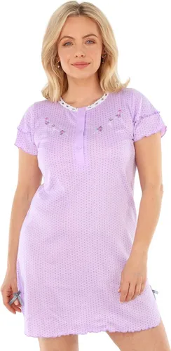 Nachthemd Damen kurzer Arm mit Spitze und Stickerei Nachtgewand Nachtwäsche, Größe:3XL, Farbe:Lila mit Stickerei