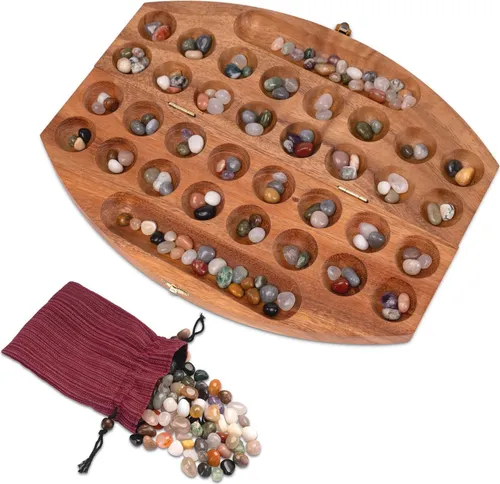 Bao Spiel Gr. L für 2 Spieler mit Metallverschluss Gold - oval - Hus - Kalaha - mit 75 Edelsteinen