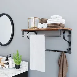 VASAGLE Wandgarderobe mit Regal und 5 Haken - Wandgarderobe im rustikalen Braun und Schwarz, ideal für Flur und Wohnzimmer. 3-in-1-Design mit Haken, Kleiderstange und Ablage für optimalen Stauraum.