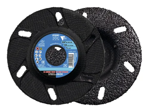 Pferd Schleifscheibe CC-GRIND VIEW 125x22,23 mm - Schruppscheibe der Speziallinie SGP, ideal für Stahl und Edelstahl, mit Sichtfenster für präzises Arbeiten und ultimative Wirtschaftlichkeit dank innovativem VICTOGRAIN Schleifmittel.
