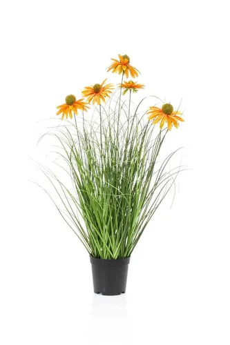 artplants Künstliches Gras Sonnenhut Shalla, orange, 60cm - Lebendige orangefarbene Blüten und eine Höhe von 60cm machen diesen künstlichen Sonnenhut zum Blickfang in jedem Raum. Perfekt für kreative Dekorationen im Innen- und Außenbereich.