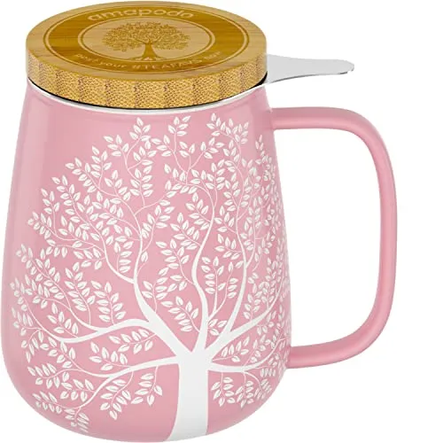 amapodo Teetasse mit Deckel und Sieb - 600ml Porzellan Tee Tasse groß - Jumbotasse - XXL Tea Cup Set Rosa - plastikfrei
