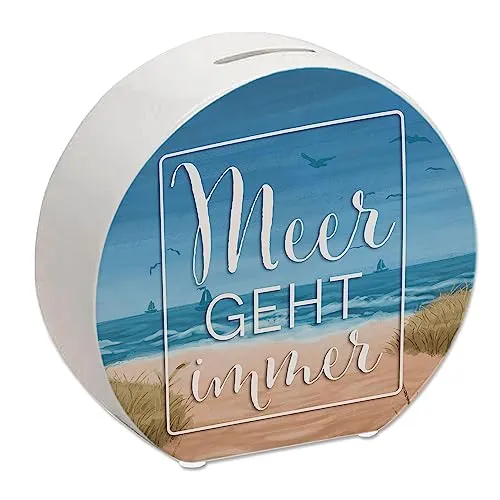 Meer geht Immer Spardose mit Urlaubsmotiv praktisches Sparschwein als Urlaubskasse für Kinder und Familie, um für den Urlaub am Meer zu sparen