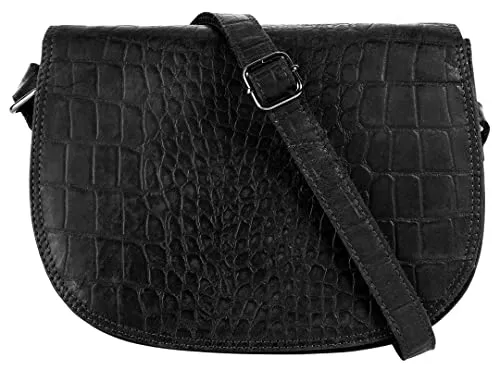 Cluty Umhängetasche Damen 021583 schwarz - Elegante Umhängetasche aus 100 % Rindleder im Vintage Look mit Kroko-Prägung, ideal für Stadtbummel und Freizeit. Praktische Fächer für Smartphone und Wertsachen, verstellbarer Schultergurt für optimalen Tragekomfort.