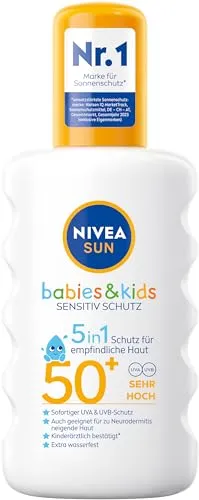 NIVEA SUN Babies & Kids Sensitiv Schutz Sonnenspray LSF 50+ (200 ml), extra wasserfestes Sonnencreme Spray für Kinder, Sonnenmilch als praktisches Spray ohne Parfum