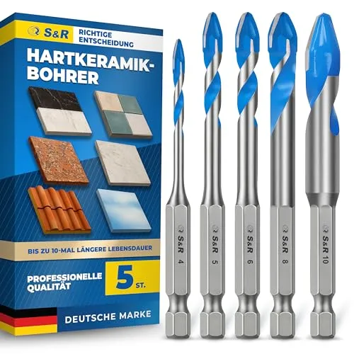 S&R Professional Keramikbohrer Set 5-tlg – Fliesenbohrer für präzise Arbeiten - Hochwertiges 5-teiliges Keramikbohrer Set für präzise Bohrungen in harten Materialien wie Feinsteinzeug und Glas. Langlebige Wolframkarbid-Spitzen garantieren optimale Ergebnisse bei intensiven Einsätzen.