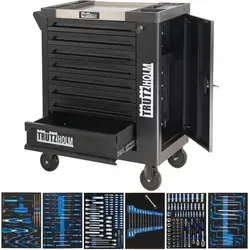 Baumarktplus Werkstattwagen 249-tlg. bestückt - Werkstatteinrichtung mit 249 hochwertigen Werkzeugen aus Chrom-Vanadium-Stahl, robust und mobil durch 4 gummierte Räder, ideal für professionelle Werkstätten.