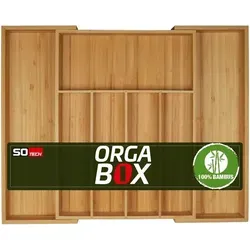 Orga-Box UNIVERSAL Besteckkasten aus Bambus, verstellbar für Schubladen 500-600 mm - Verstellbarer Besteckeinsatz aus Bambus für Schubladen mit 473 mm Tiefe, ideal für optimale Organisation in Küche, Büro und Schlafzimmer. Erweiterbar von 5 auf 7 Fächer für zusätzlichen Stauraum.