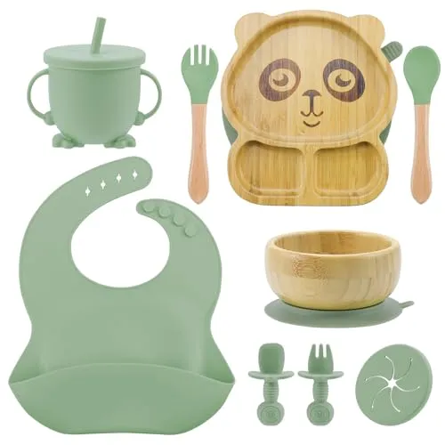 Feelhap Kinderteller mit Saugnapf,Babyteller mit Saugnapf,Baby Geschirrset mit Saugnapfplatte,Saugnapf-Schüssel,Silikon Löffel Gabeln Lätzchen Wasserbecher,Baby Teller Rutschfest Kindergeschirr (Grün)