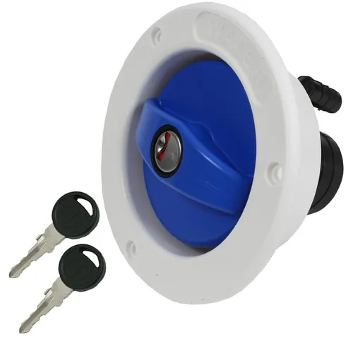 Einfüllstutzen & Tankdeckel für Frischwassertank – 40 mm, Wohnwagen, Wohnmobil, Boot - Hochwertiger, lebensmittelechter Einfüllstutzen mit blauem Tankdeckel. Ideal für den Einsatz im Wohnwagen oder Boot, sorgt für sichere Befüllung und Belüftung.