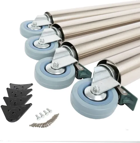 4er Set Tischbeine 710mm auf Rollen mit Bremse - Hochwertige Tischbeine aus Stahl in Edelstahl Optik, ideal für Sitzmöbel. Mit Rollen und Bremse für optimale Mobilität und Stabilität, Tragkraft von 15kg pro Bein.