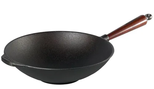SKEPPSHULT Wok Gusseisen Pfanne 30 cm - Robuste Gusseisenpfanne mit Holzgriff, ideal für gleichmäßige Hitzeverteilung und perfekte Wokgerichte. Durchmesser: 30 cm, Gewicht: 3,4 kg.
