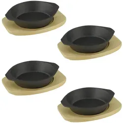 GVK ECO Servierpfanne Ø 19 cm aus Gusseisen mit Holzuntersetzer 4 Stück im Set