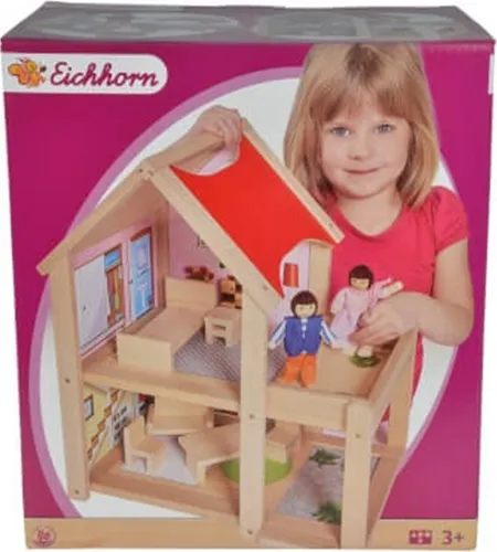 Eichhorn Puppenhaus 100002501 - Fertig montiert mit 2 Puppen und Möbeln - Puppenhäuser - Das Eichhorn Puppenhaus bietet 2 Etagen, 9 Möbelteile und ist sofort bespielbar. Fördert Rollenspiele und Kreativität für kleine Hausbesitzerinnen.