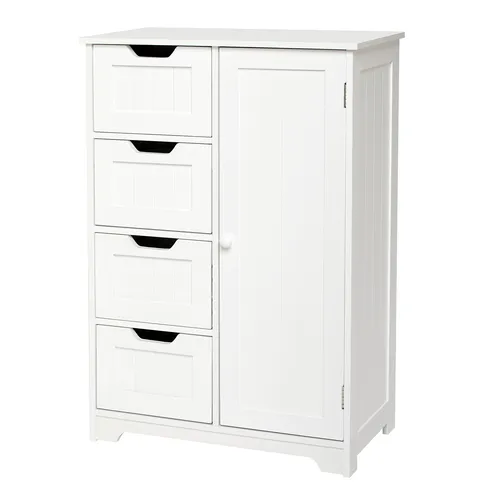 Mondeer Badezimmerschrank mit 4 Schubladen – Elegante Badkommode in Weiß - Stylischer Badezimmerschrank mit vier Schubladen und 180° öffnender Tür. Robustes MDF-Material und verstellbare Trennwand bieten viel Platz und einfache Handhabung für ein aufgeräumtes Zuhause.