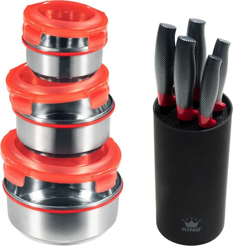10tlg. Geschenkset inkl. Edelstahlbehälter und Messerblock von King
