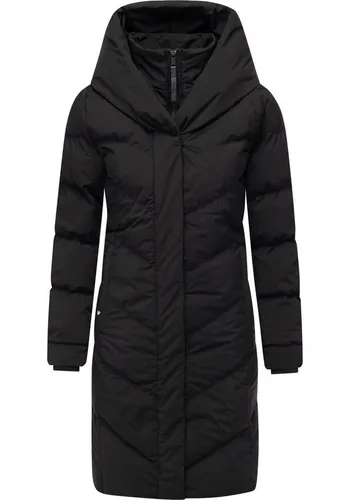 Ragwear Damen Langer Wintermantel warmer Steppmantel mit hohem Kragen und Kapuze Natalka Soft YOUMODO Black Gr. M