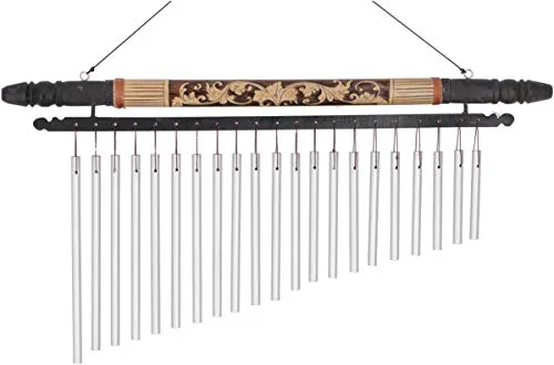 GURU SHOP Aluminium Klangspiel, Exotisches Windspiel mit Schnitzerei - Variante 2, Silber, 17x52x3 cm, Windspiele & Klangspiele