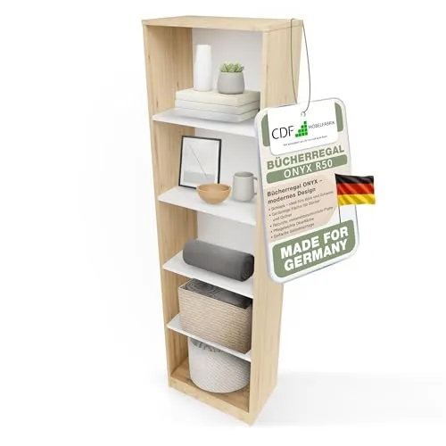 CDF Bücherregal Regal Standregal Büroregal für Ordner Spielzeug Büro Wohnzimmer Homeoffice Bücherschrank zur Aufbewahrung Dokumenten Dekoration Robuste Konstruktion - Eiche Artisan/Weiß 50cm