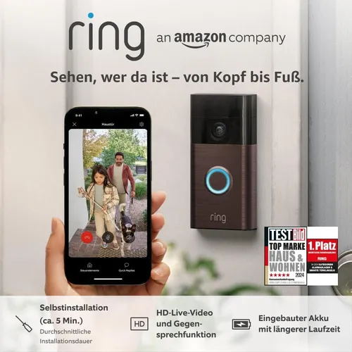 Ring Battery Video Doorbell - Akku-Videotürklingel in Bronze, 2K-Auflösung und wetterfestes Design für volle Kontrolle per Smartphone-App