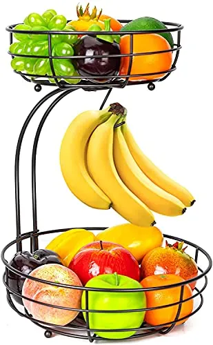 Bomclap Obstkorb mit Bananenhalter - 2 Stöckig Obstschale aus Metall - Küche Stehend Moderne Obstschalen - Dekorativer Gemüsekorb Obstschale - Braun
