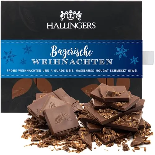 Hallingers Genuss Manufaktur Schokoladen Geschenk Weihnachten - Tafel Vollmilch Edel-Kakao mit Haselnuss-Nougat - handmade ohne Alkohol, edle Geschenkverpackung 